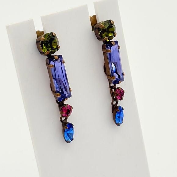 Sorrelli Multicolor Crystal Drop Earrings Brass Tone Swarovski 2000s Jewelry - Picture 2 of 3